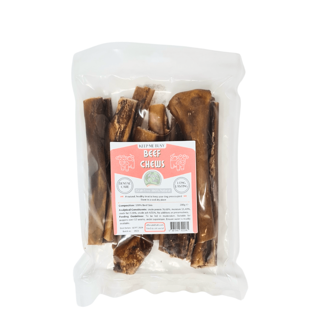 Packaged beef chews with a label on a white background