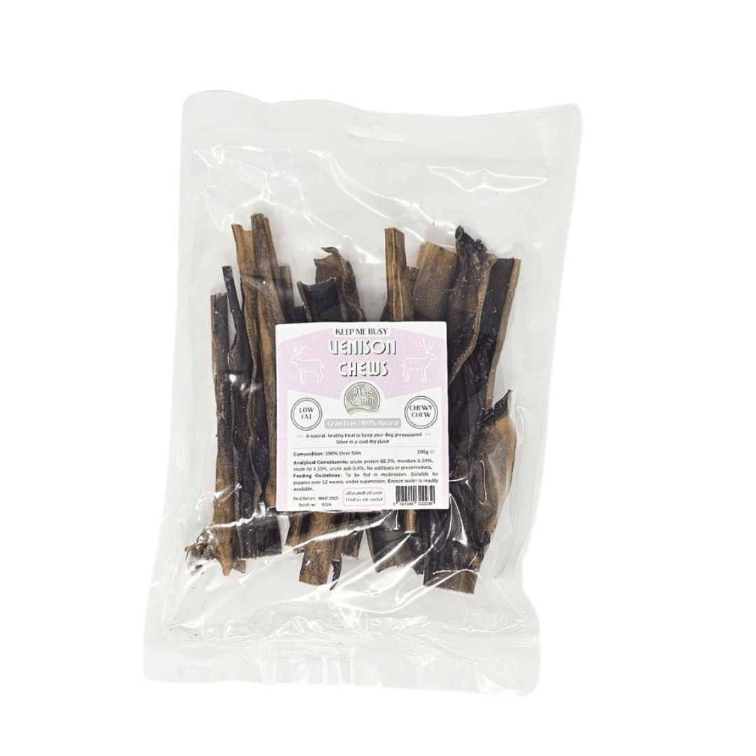 Packaged venison chews with a label on a white background