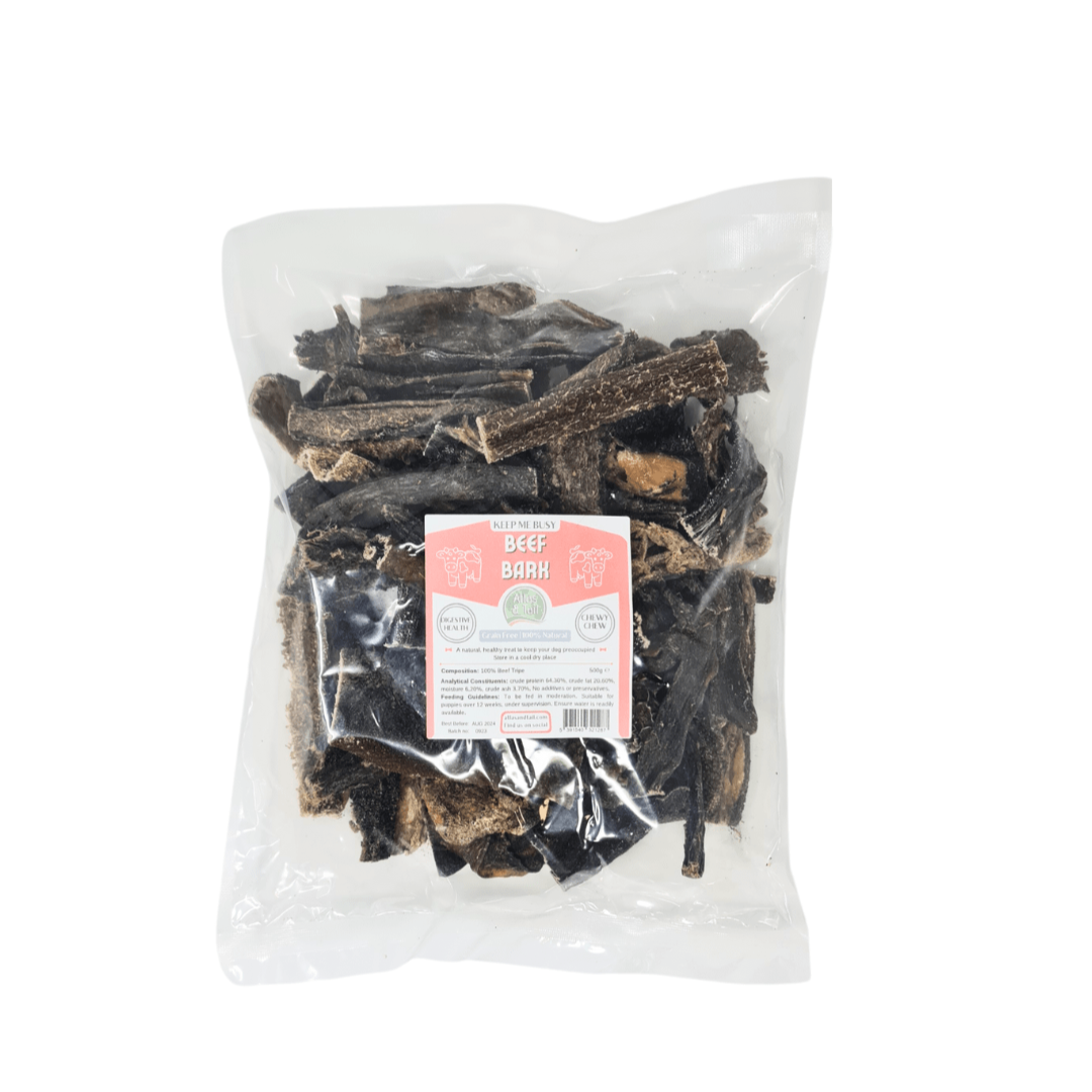 Bag of beef bark treats with a label on a white background