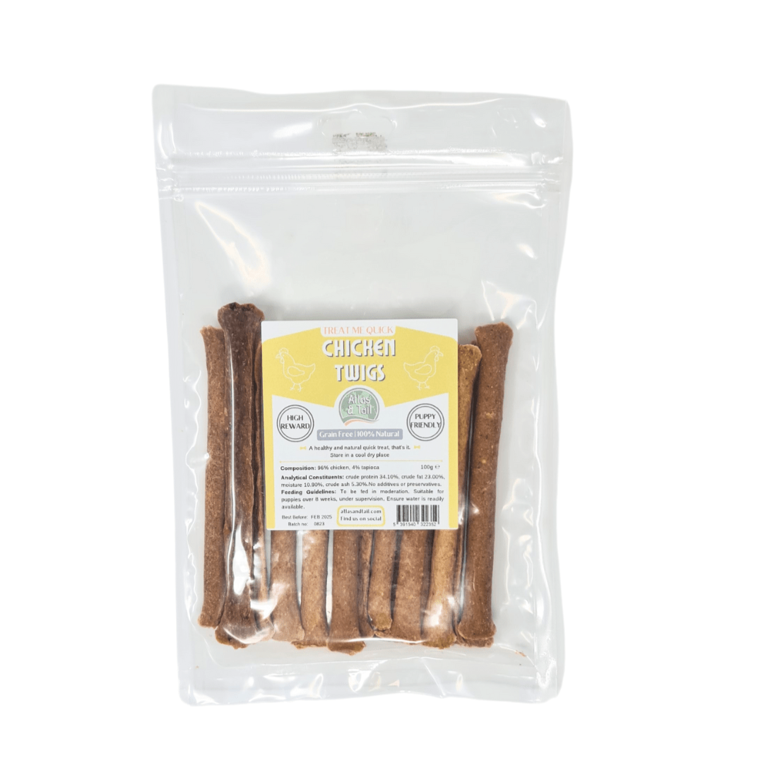 Packaged chicken twigs with a label on a white background