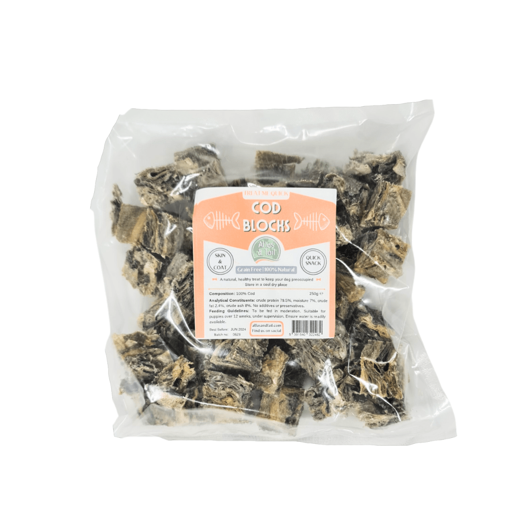 Packaged cod blocks with a label on a white background