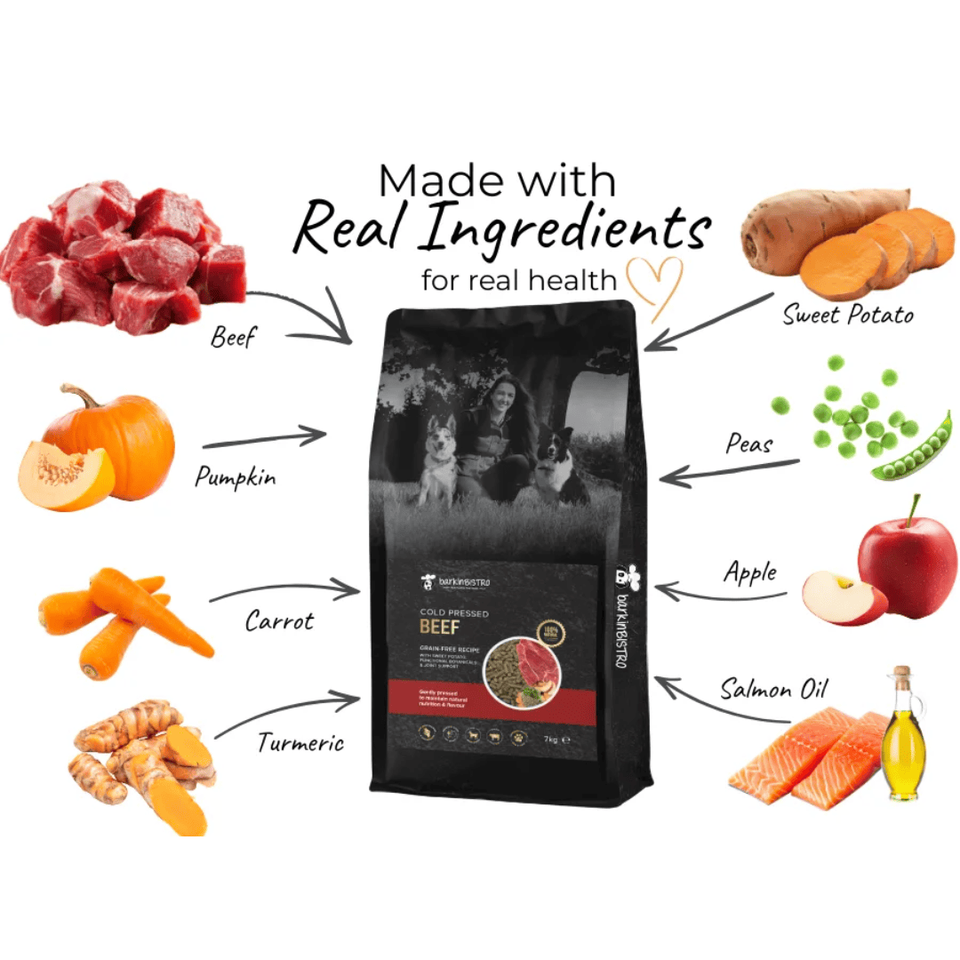 Barkin Bistro Cold Pressed Beef Dog Food surrounded by ingredients
