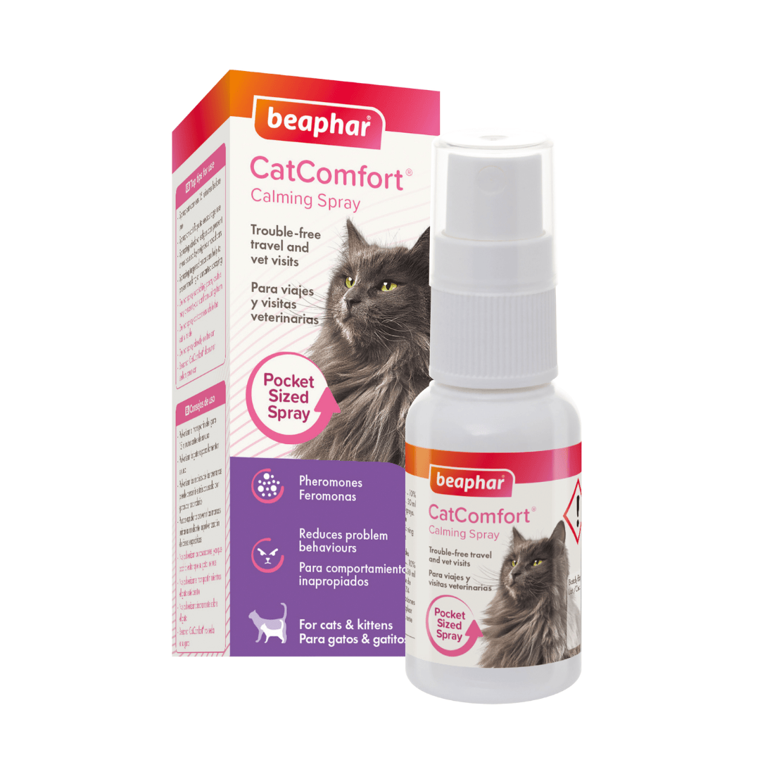 Beaphar CatComfort Calming Spray bottle and packaging box, featuring a gray cat photo and purple and pink accents on a white background.