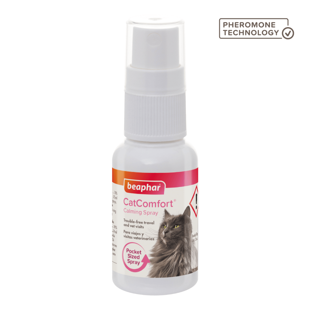 Beaphar CatComfort Calming Spray in a white plastic bottle with a white spray cap, featuring a label with a picture of a grey cat and pink and orange accents. A 'Pheromone Technology' badge is visible in the top right corner.