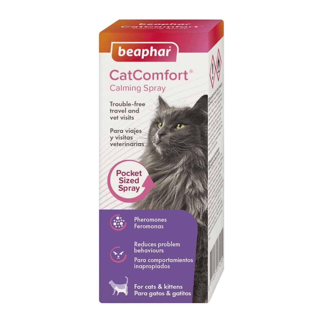 Beaphar CatComfort Calming Spray in a pocket-sized box, featuring a gray tabby cat on the front, with orange, white, and purple packaging.