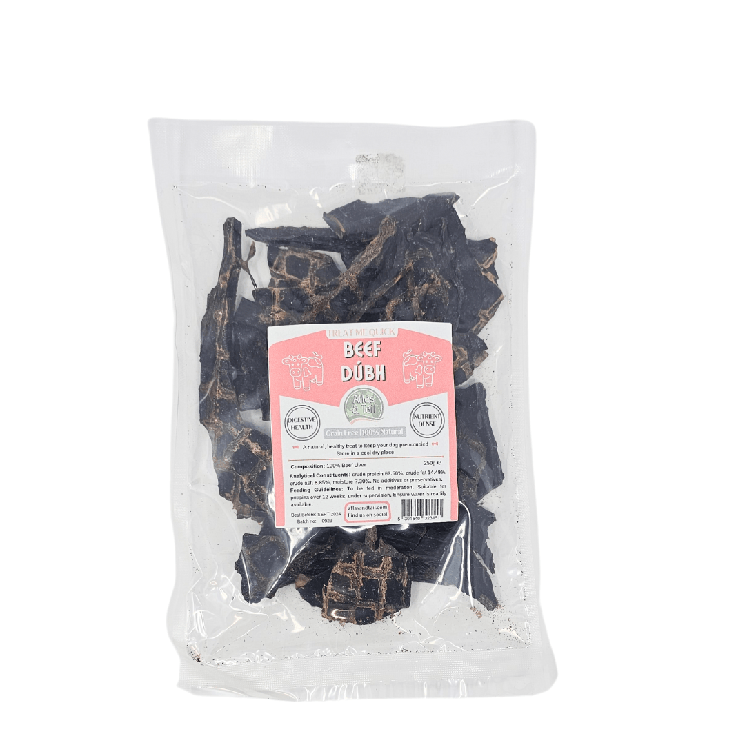 Packaged beef dubh, dried beef liver with a label on a white background
