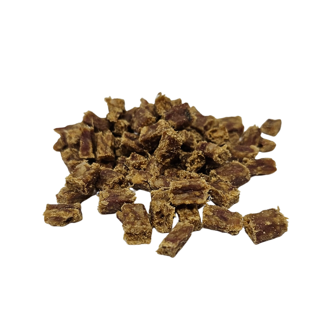 Chicken Cubes dog treats on a white background