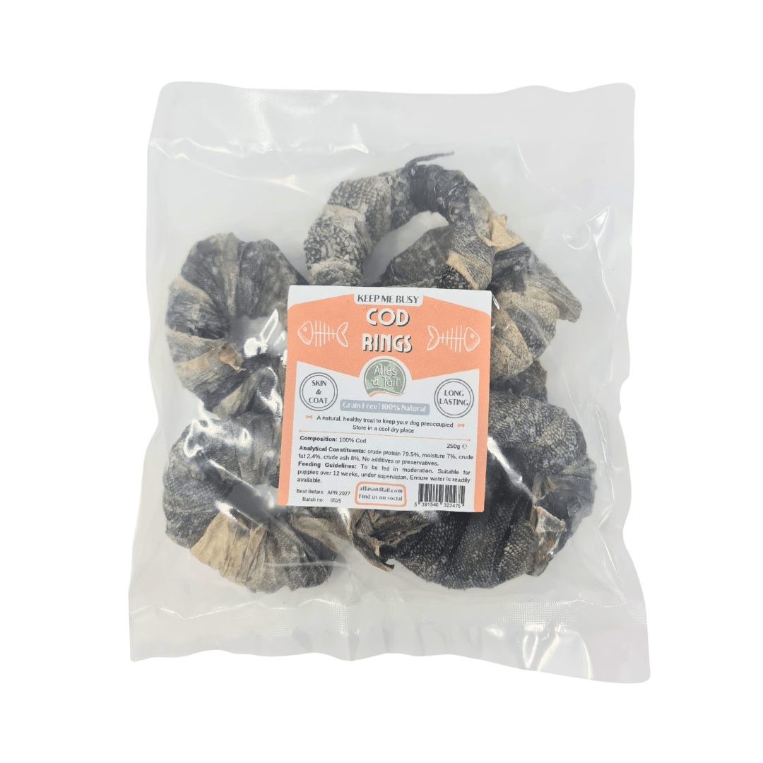 Dried cod skin rings bagged and labelled against a white background