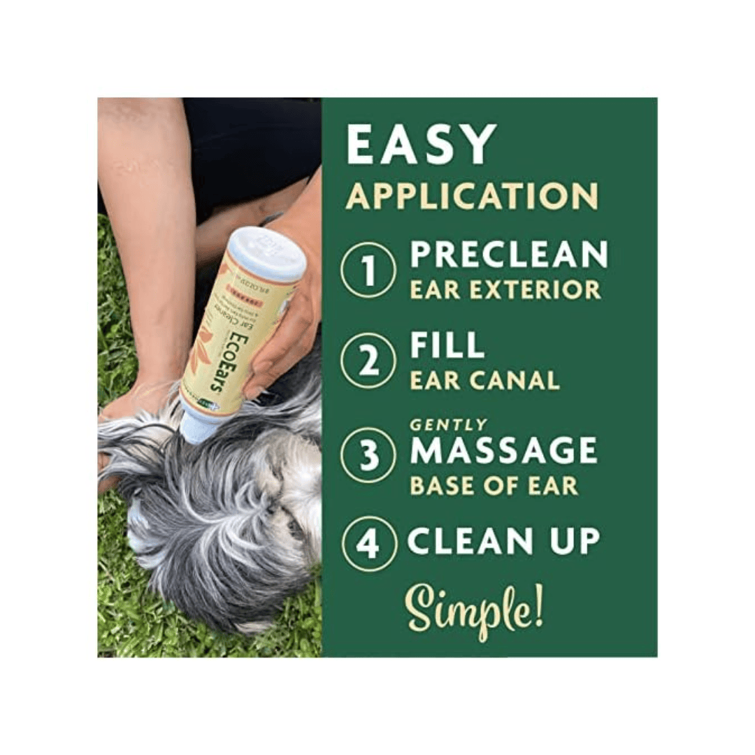 A user guide of the eco ears cleaner and a person using it on their dog