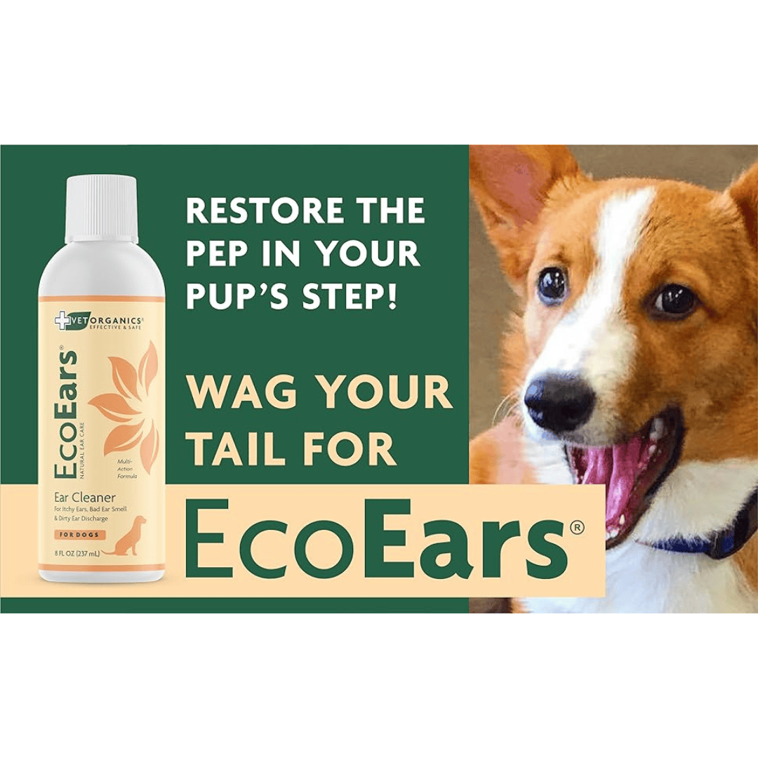 EcoEars dog ear cleaner bottle with a dog and promotional text on a green background