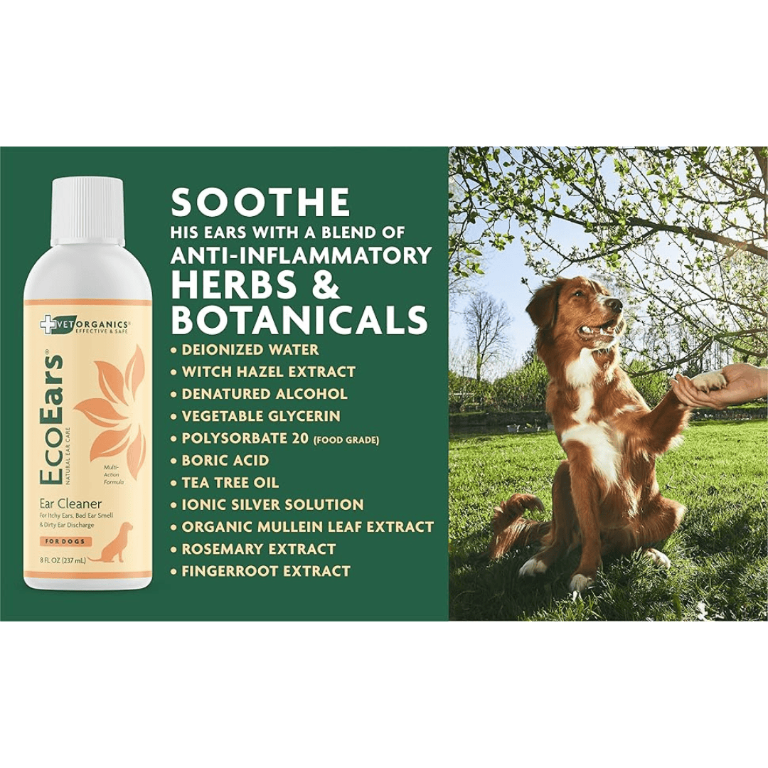 EcoEars dog ear cleaner product with ingredients list and a dog outdoors.