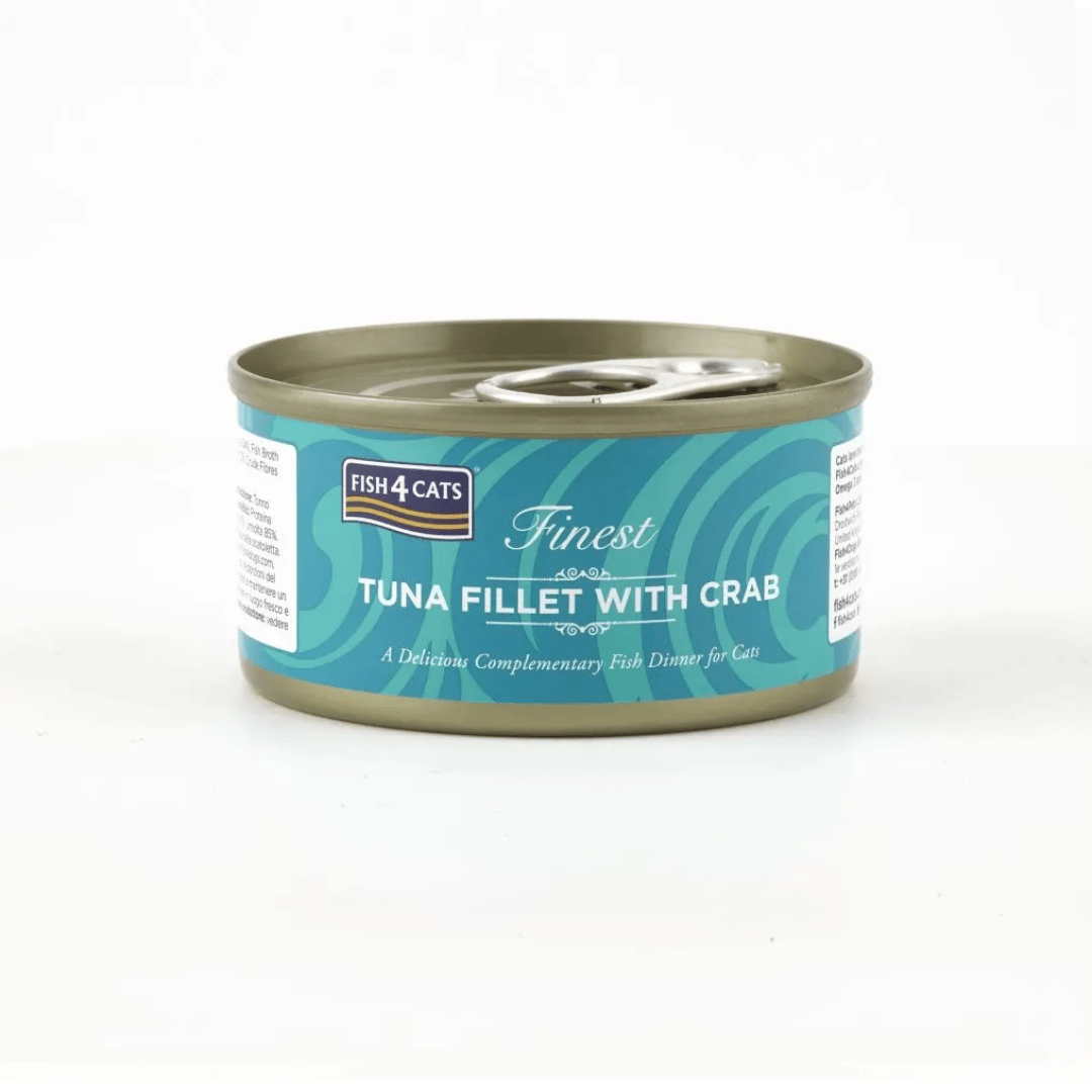 Can of Fish4Cats Finest Tuna Fillet with Crab on a white background
