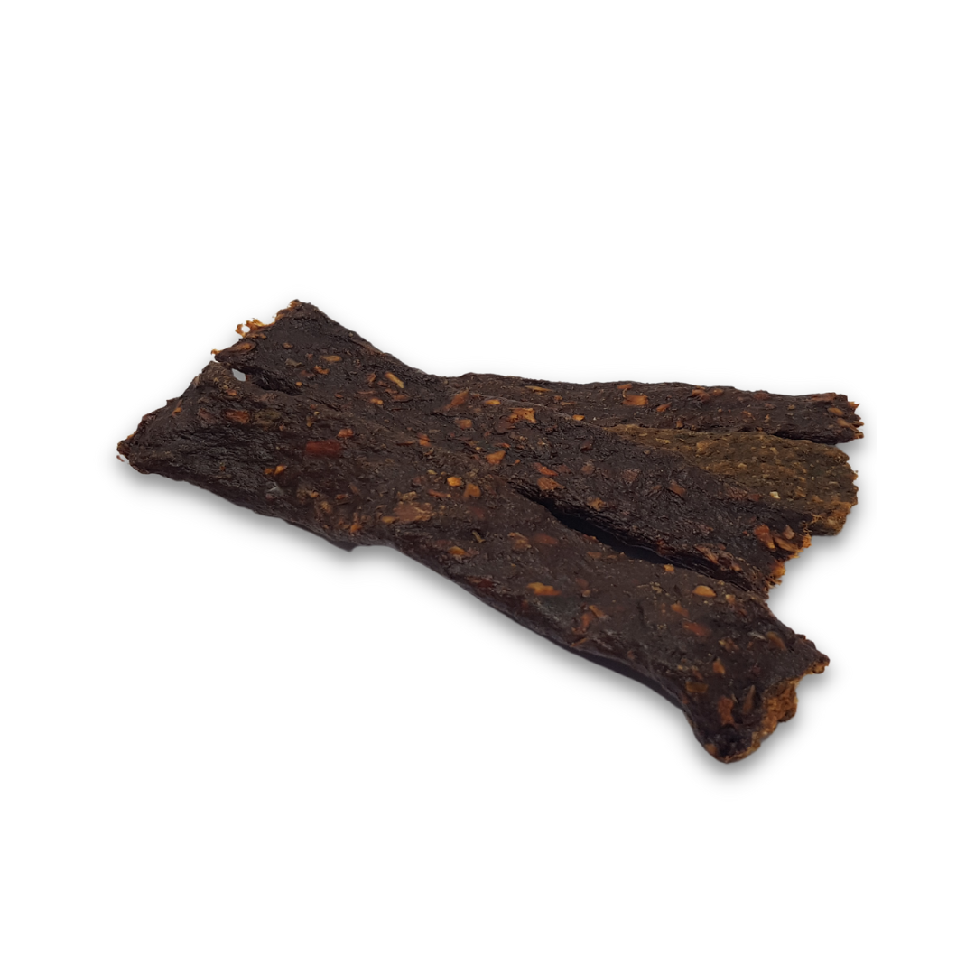 Dried fish strip on a white background