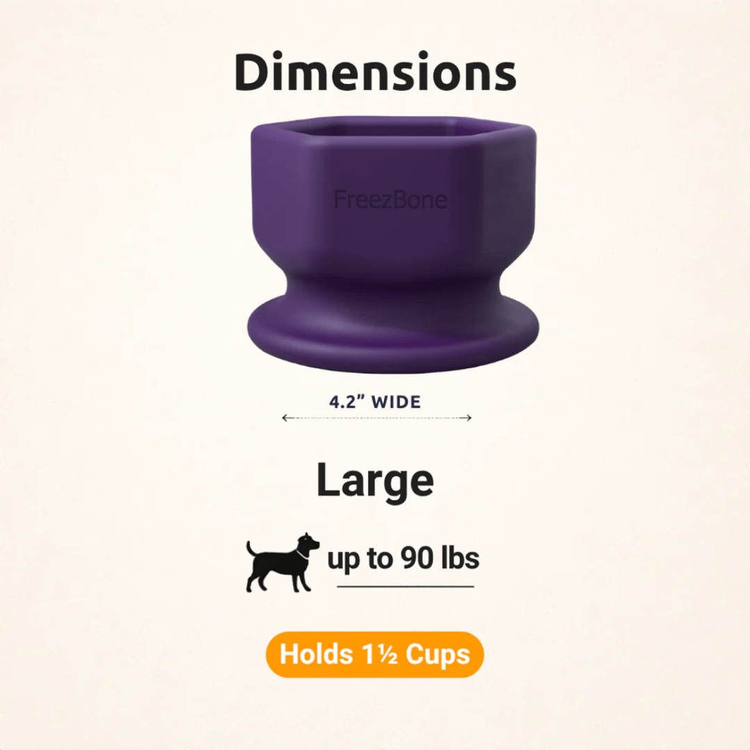 Purple FreezCup product with dimensions and capacity details on a beige background