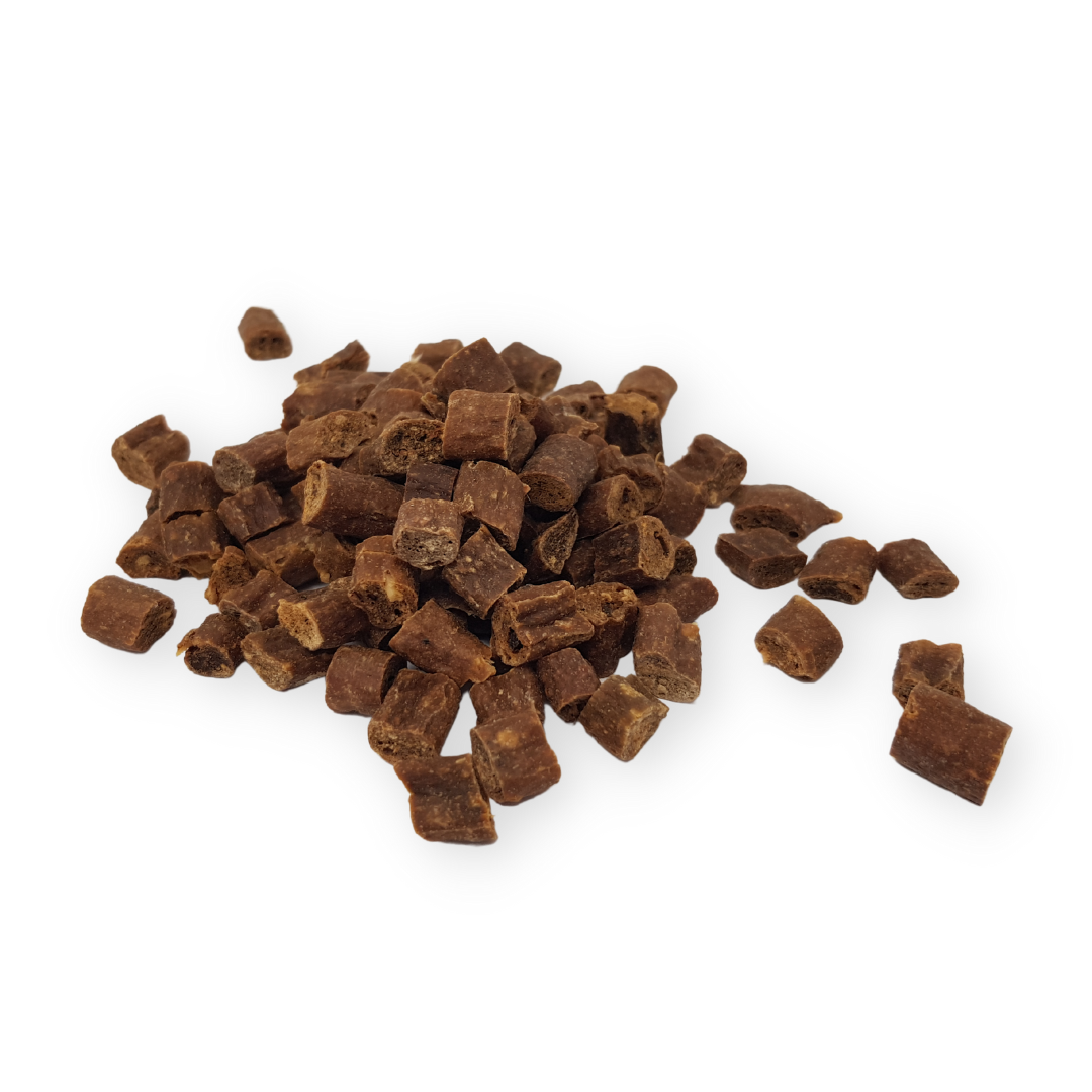 Pile of goat chips on a white background