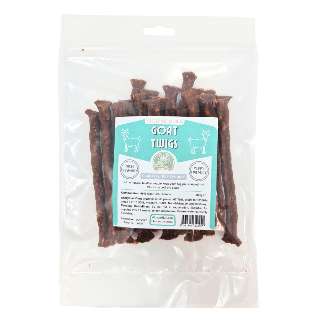 Packaged goat twigs with a label on a white background