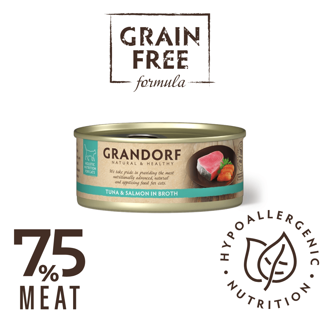 A can of Grandorf Natural & Healthy Grain Free Formula wet cat food, Tuna & Salmon in Broth, shown on a white background with 'Grain Free Formula' and '75% Meat' text callouts.