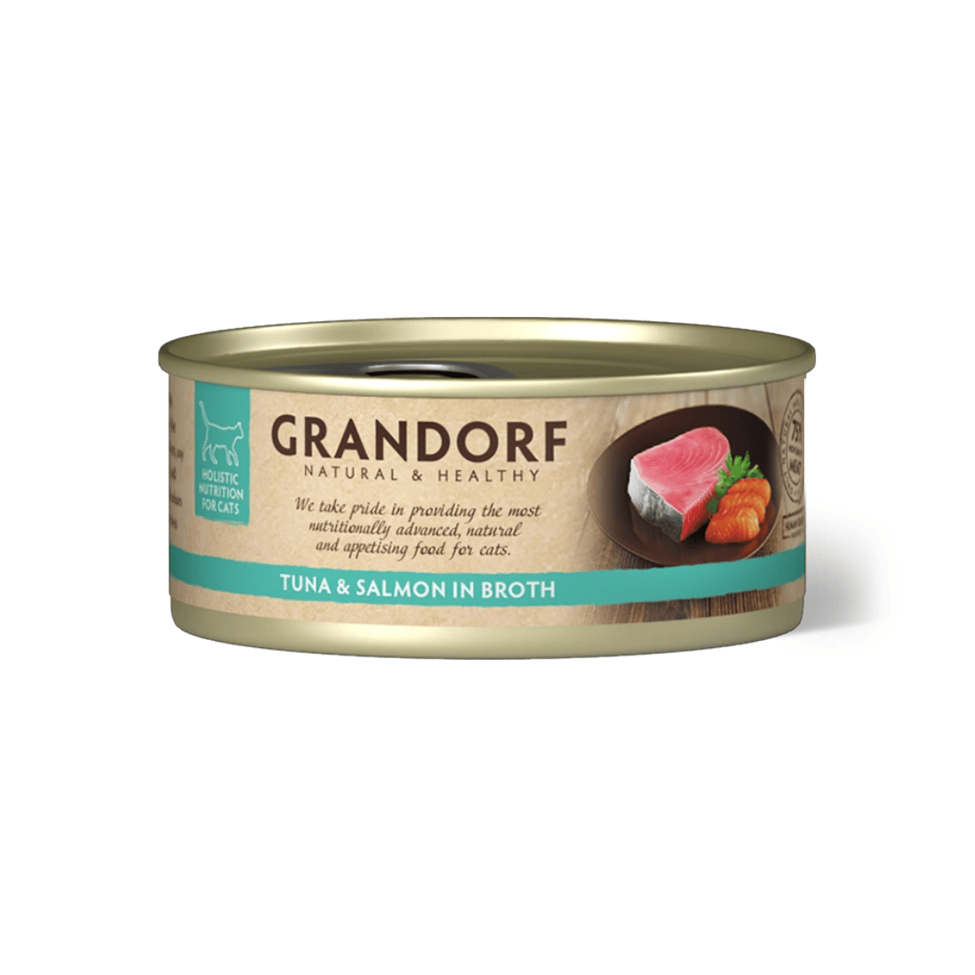 A single can of Grandorf Natural & Healthy Tuna & Salmon in Broth wet cat food, shown on a clean white background with a soft shadow.