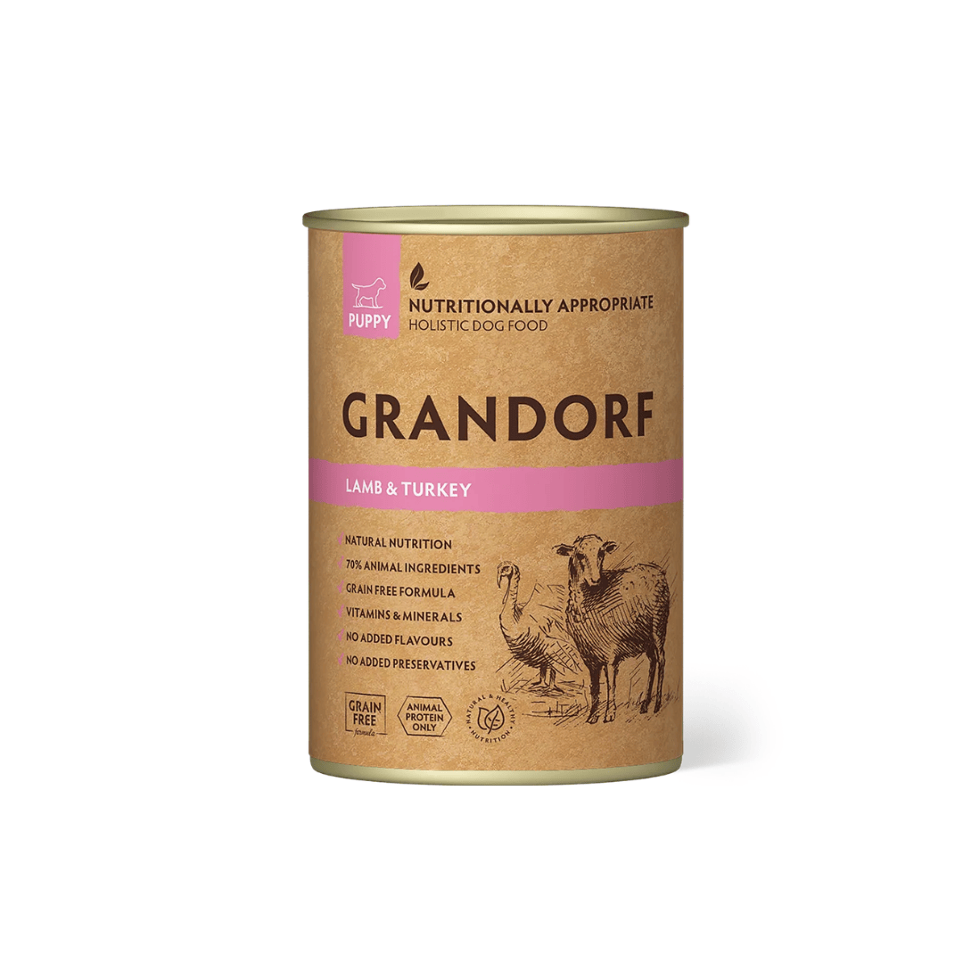 Grandorf Lamb & Turkey puppy food can on a white background