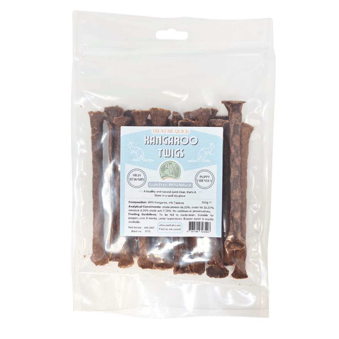 Packaged kangaroo twig dog treats with a label on a white background