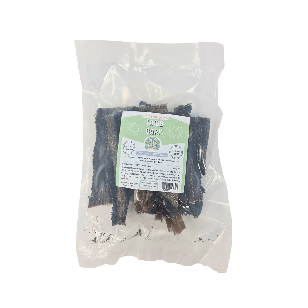 Bag of lamb bark with a label on a white background