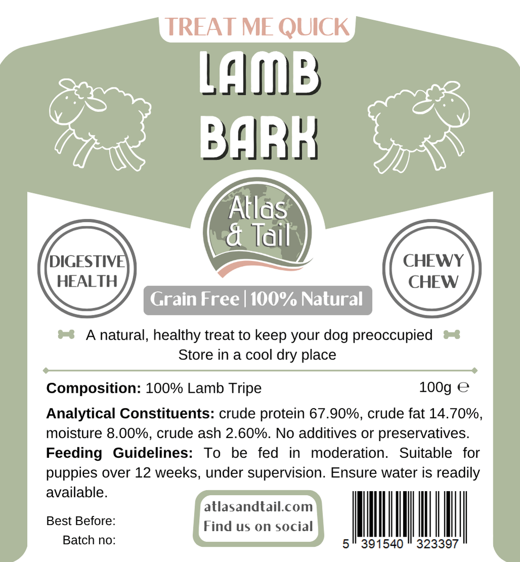 Label for Atlas & Tail Lamb Bark dog treat packaging