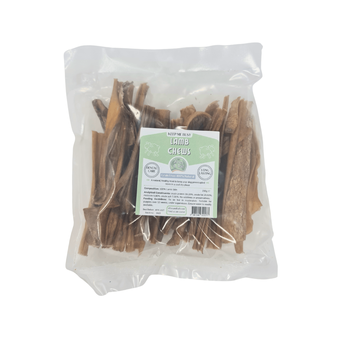 Bag of lamb chews with a label on a white background