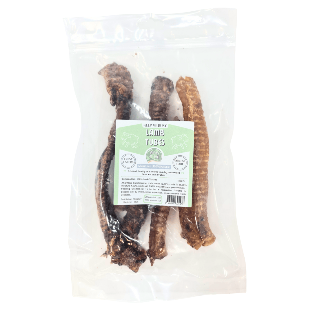 Packaged lamb tube treats with a label on a white background