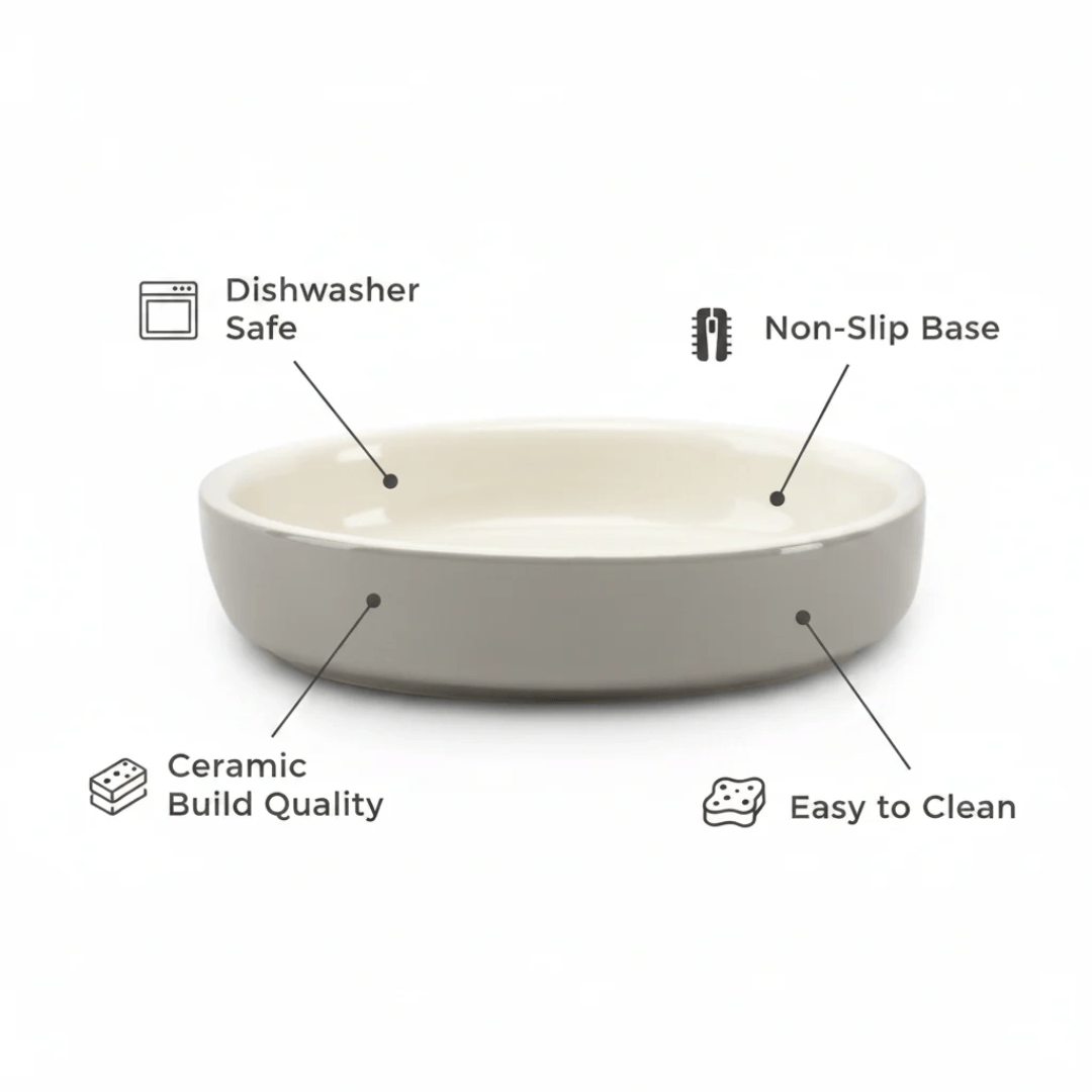 Grey ceramic bowl with features labeled on a white background