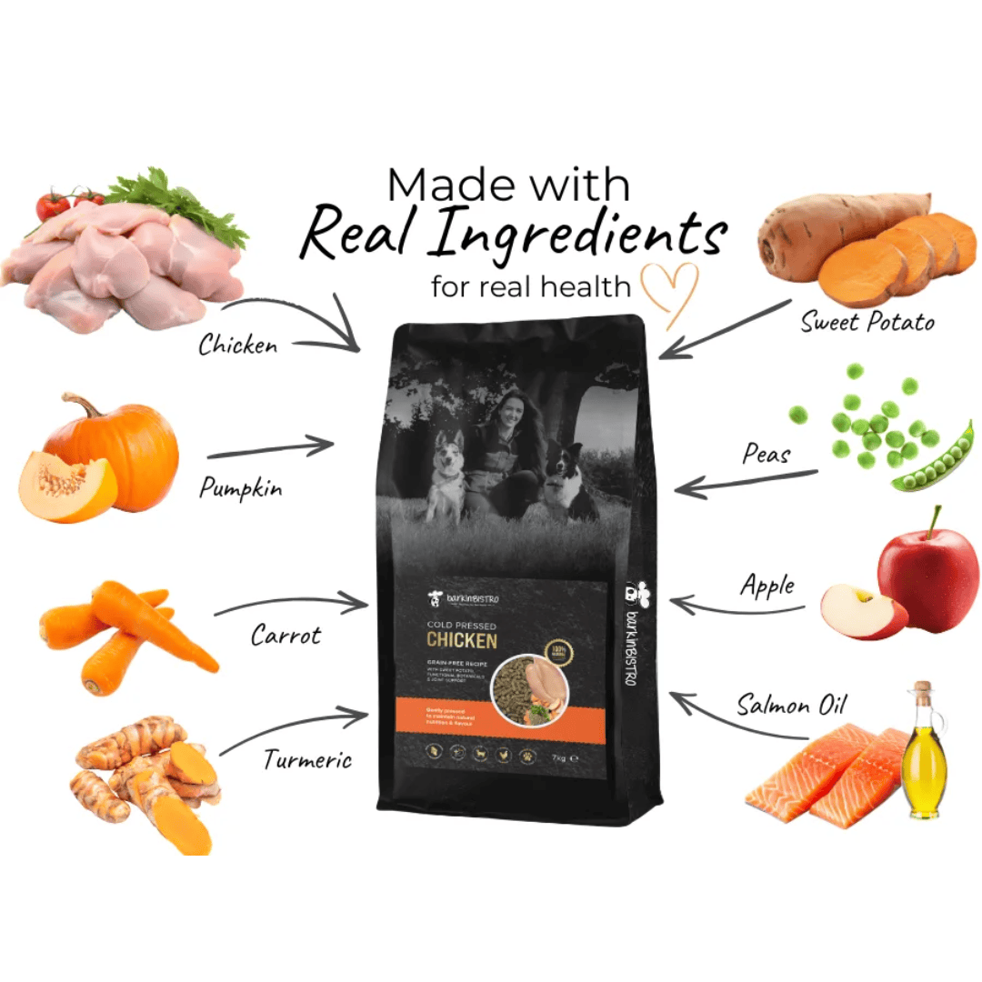 Ingredients around a bag of Barkin Bistro Chicken Cold Pressed dog food.