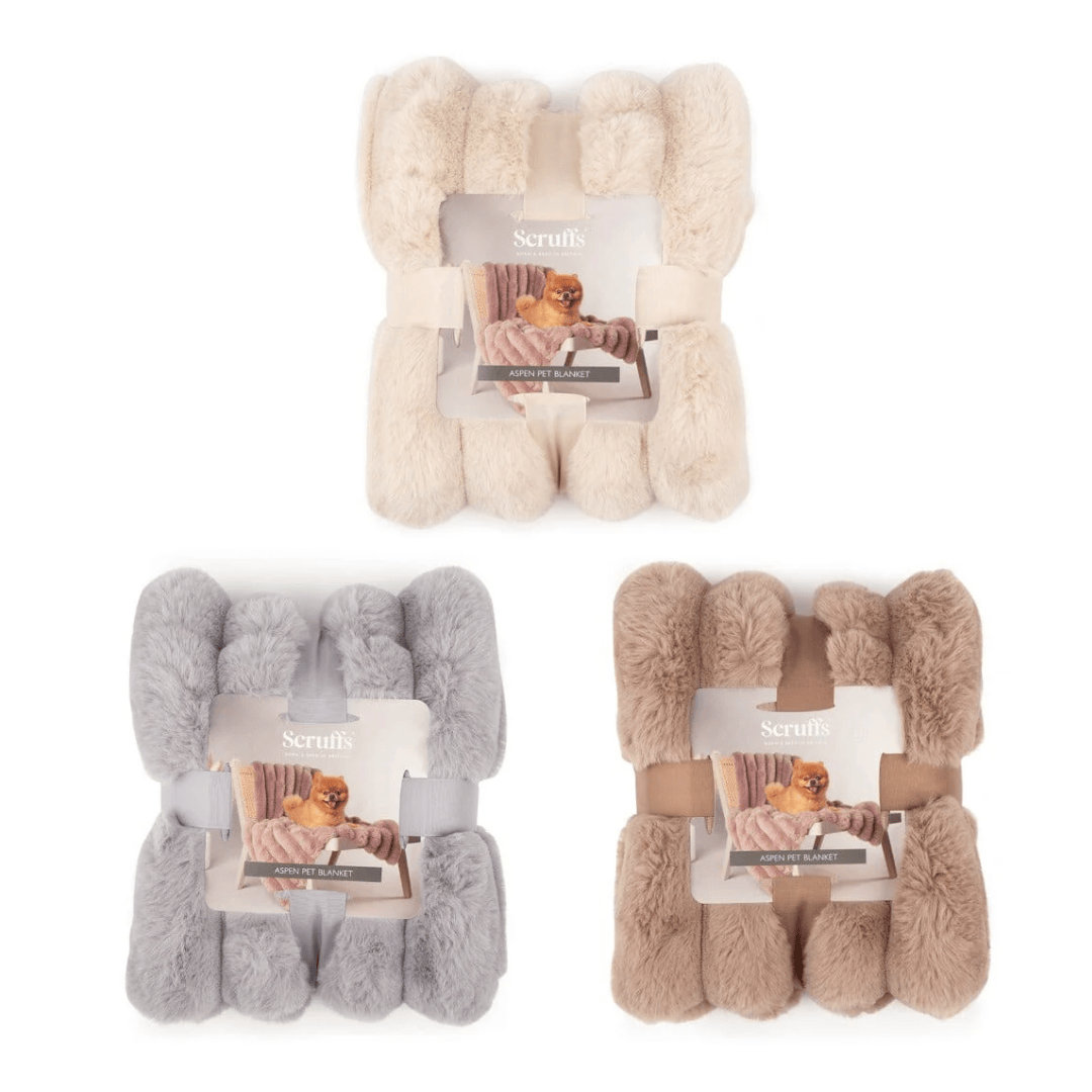 Three packages of the Scruffs Aspen plush blanket in beige, gray, and brown on a white background.