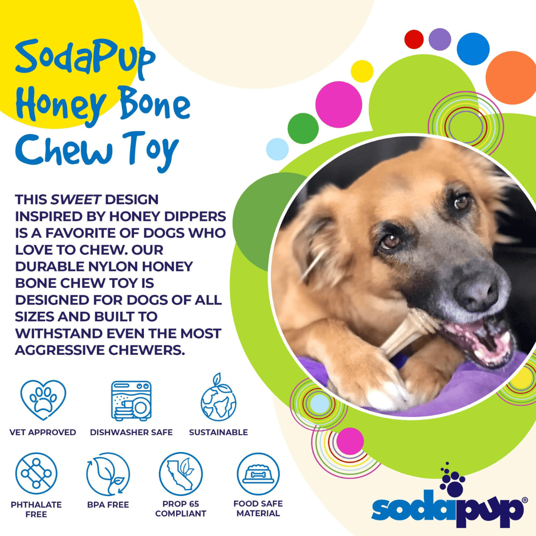 Advertisement for SodaPup Honey Bone Chew Toy with a dog holding the toy and product features listed.