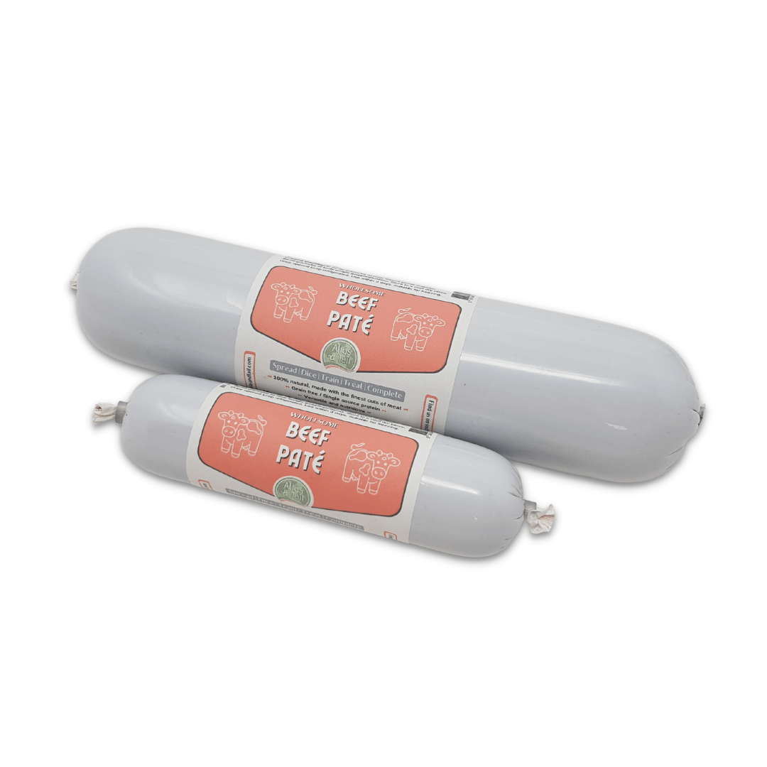 Two sizes of packages of Beef Pate on a white backgrounds