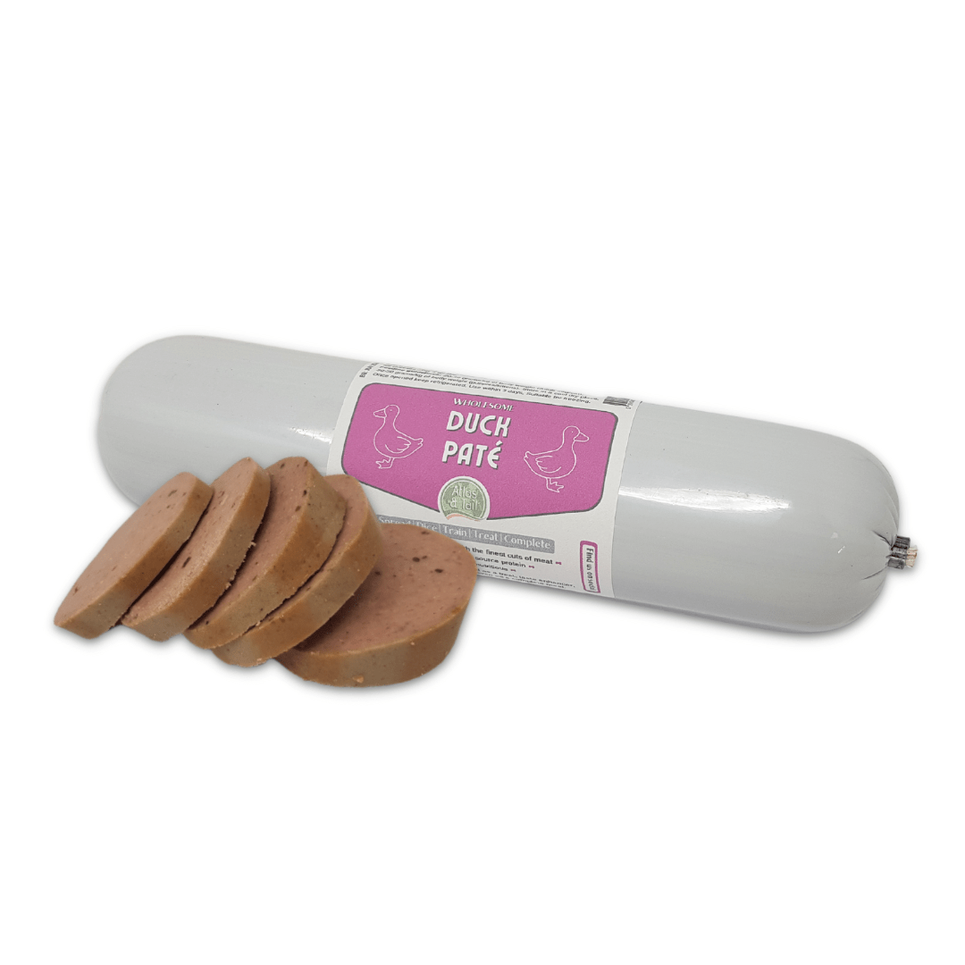 duck pate 800g with sliced portions on a white background