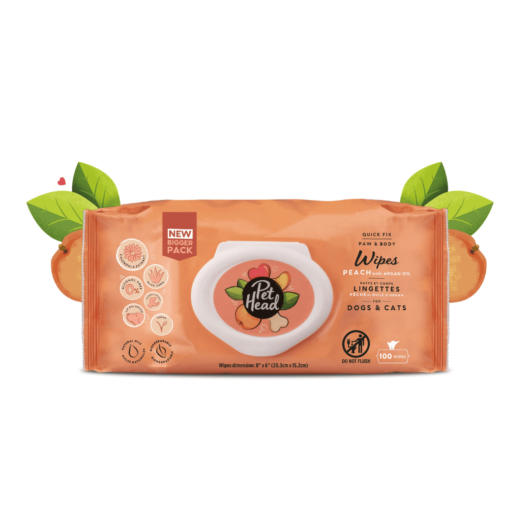 Pack of Pethead pet wipes with peach scent on a white background