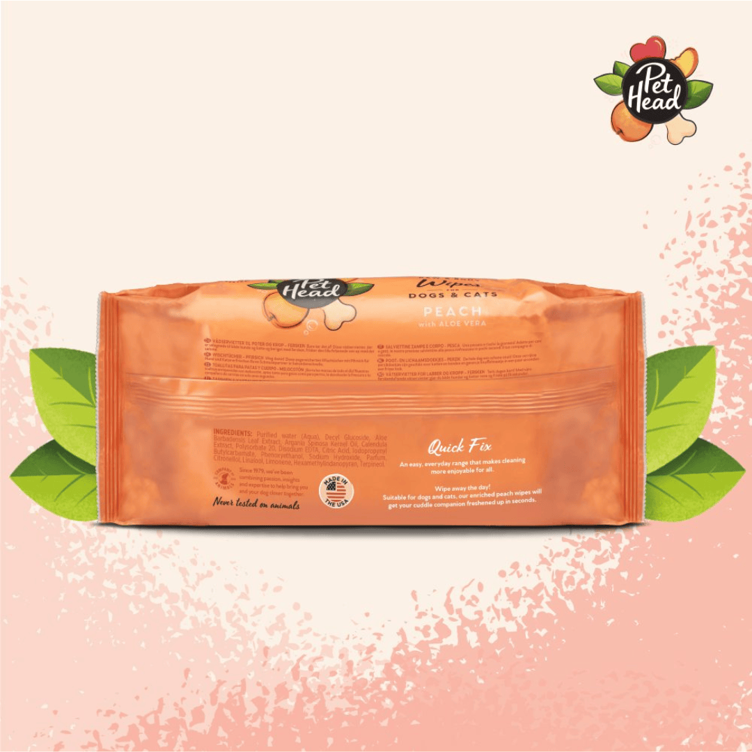 Pack of Pet Head wipes on a light pink background with green leaves and brand logo.