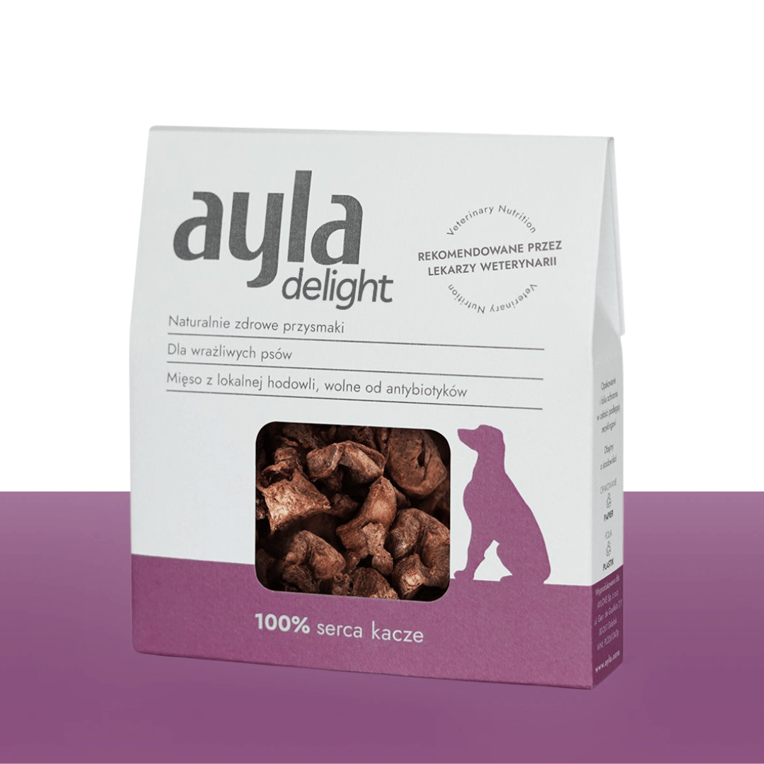 Package of ayla delight dog treats on a purple background