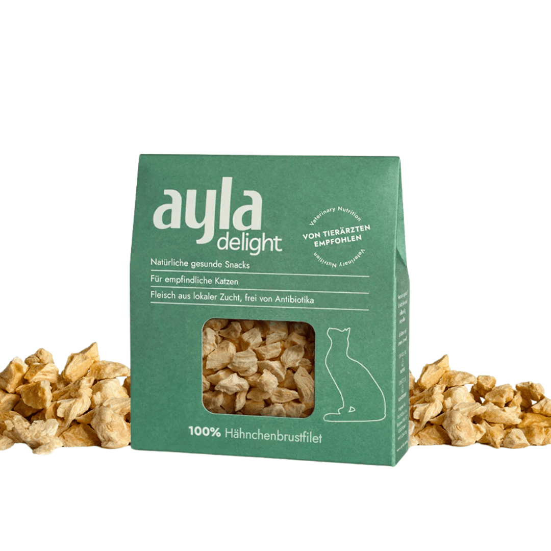 Green box of ayla delight cat snacks with chicken breast pieces surrounding it on a white background