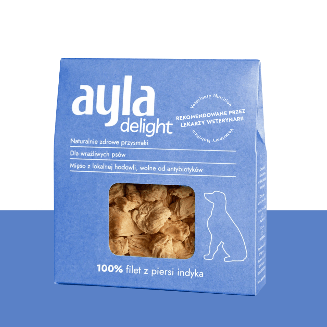 Blue packaging of ayla delight pet treats with visible text and a dog silhouette on a blue background