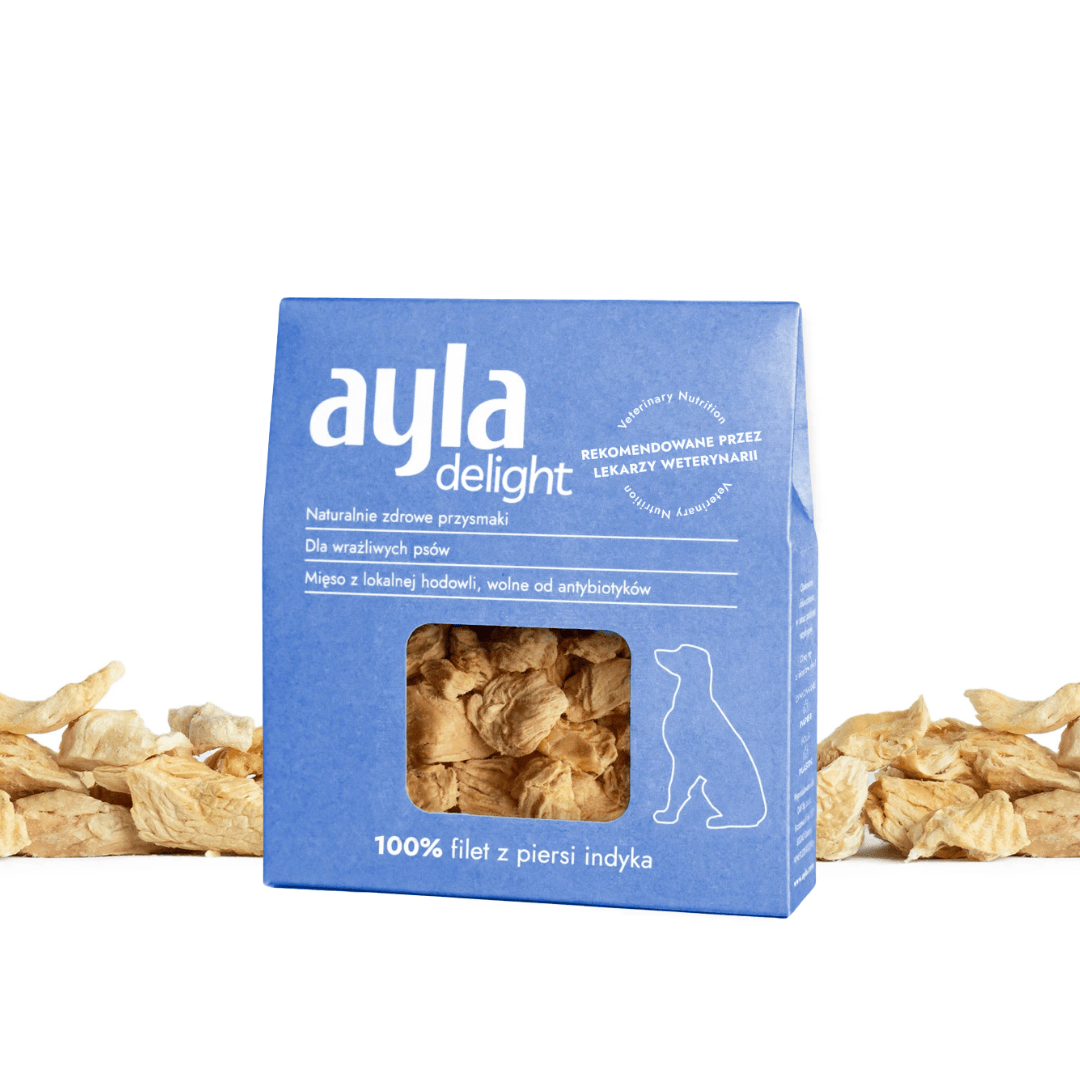 Blue packaging of ayla delight pet treats with visible treats on a white background