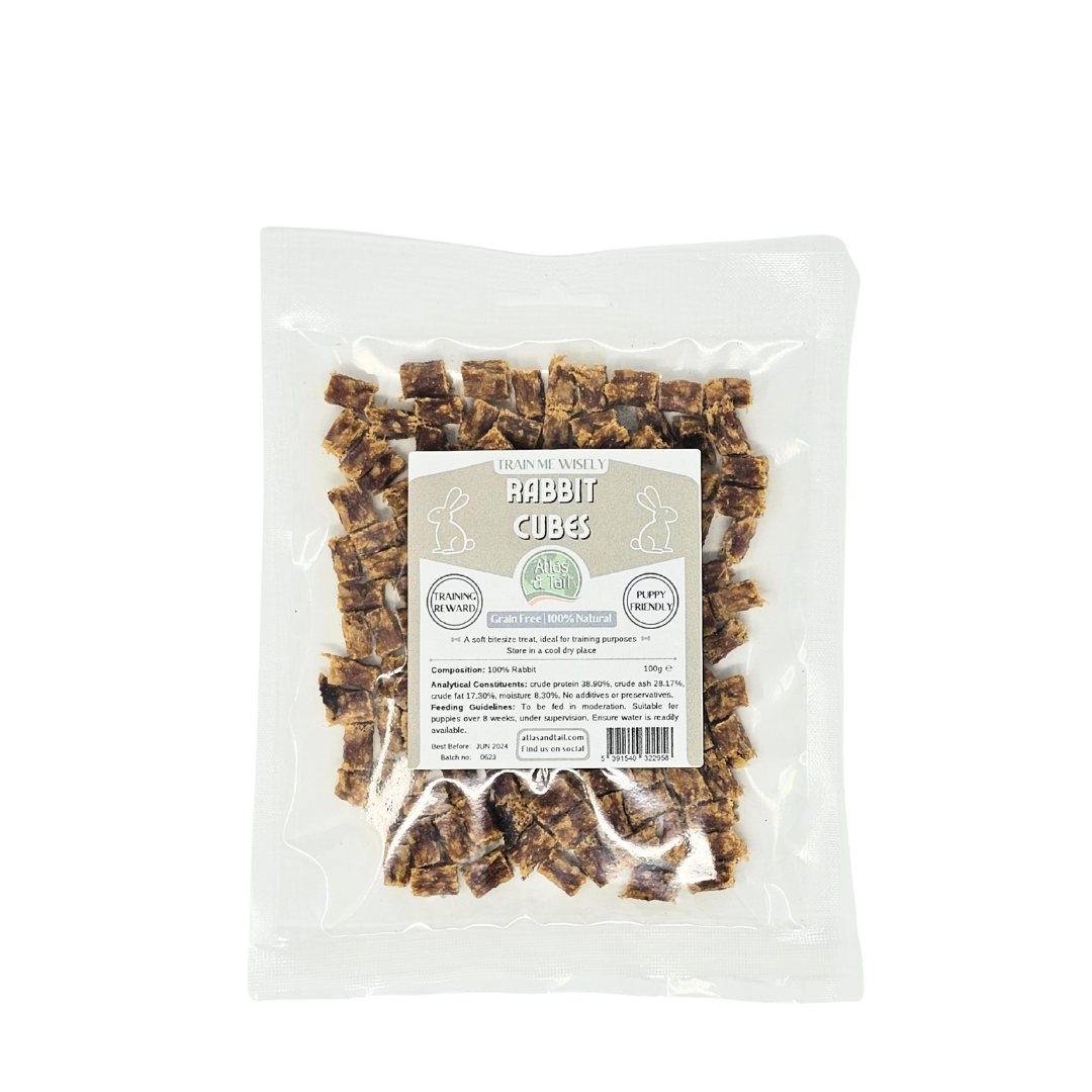 Package of Rabbit Cubes pet treat with a label on a white background