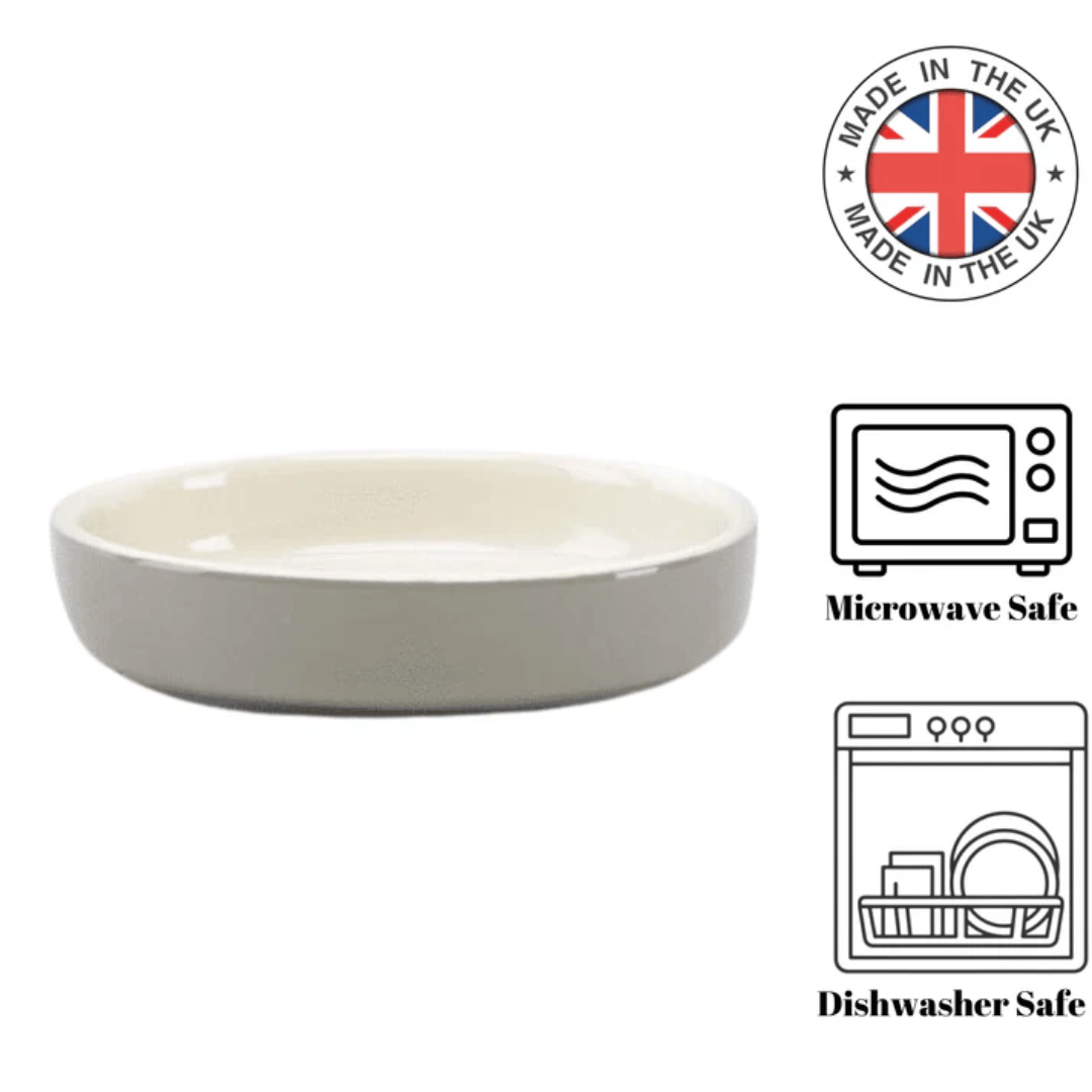Gray bowl with 'Made in the UK' and safety icons on a white background