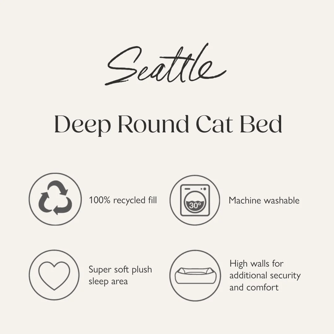 Product description of the Seattle Deep Round Cat Bed with features listed.