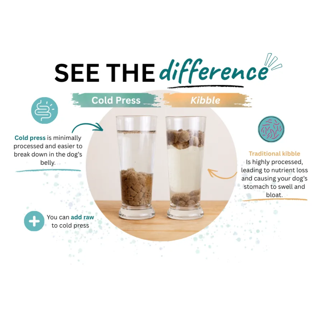 Comparison between cold press and kibble with two glasses filled with different types of pet food.