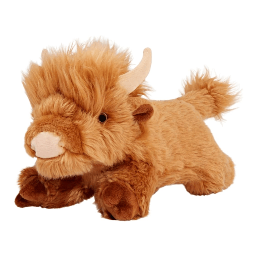 Fluff & Tuff Highland Shaggy Cow Plush toy of a brown cow with horns on a white background