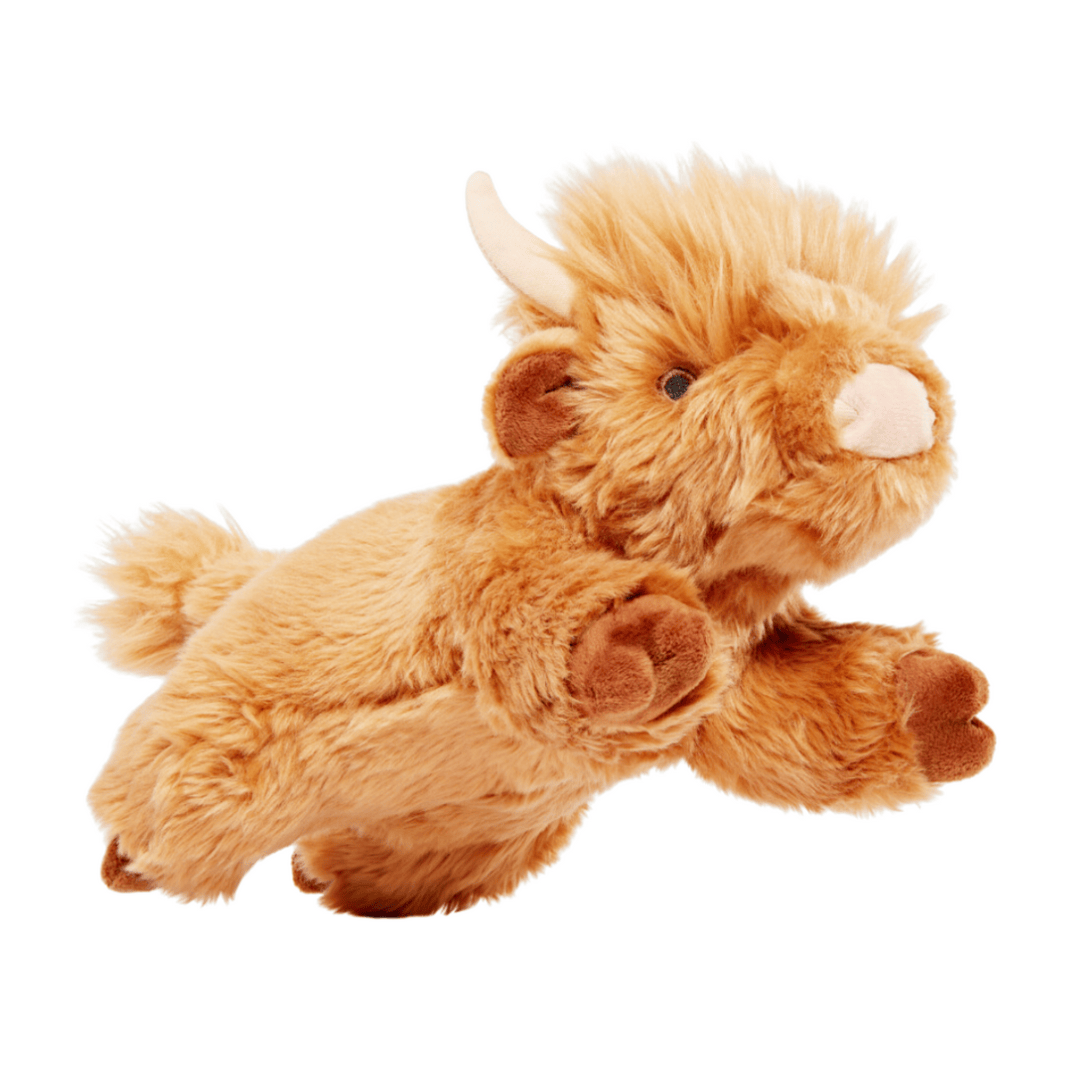 Fluff & Tuff Shaggy Highland Cow Plush toy, a brown cow on a white background