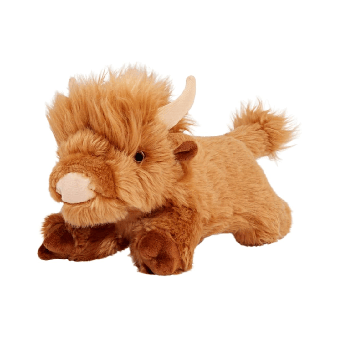 Fluff & Tuff Shaggy Highland plush toy of a brown cow with horns on a white background
