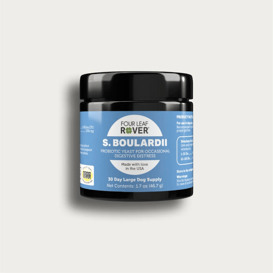 Four Leaf Rover - Saccharomyces Boulardii Yeast Based Probiotics 46.7g against a white background.