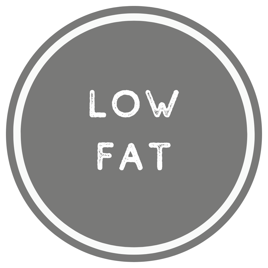 Circular label with 'LOW FAT' text on a gray background