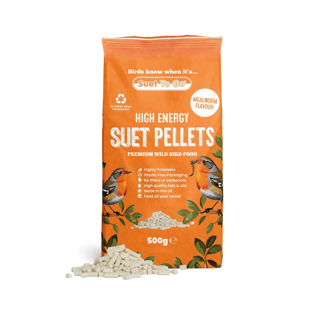Bag of high energy Suet to Go suet mealworm pellets with bird illustrations on a white background.
